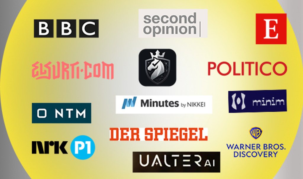 Montagem gráfica com fundo em degradê amarelo, reunindo logotipos de diversos veículos de mídia e plataformas de informação, como BBC, Politico, Der Spiegel, Warner Bros. Discovery, Nikkei, NTK, Surf.com e outros, distribuídos de forma equilibrada pelo espaço.