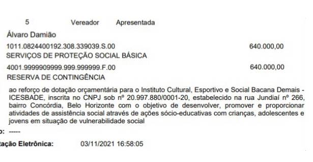 Documento onde consta a emenda proposta por Álvaro Damião