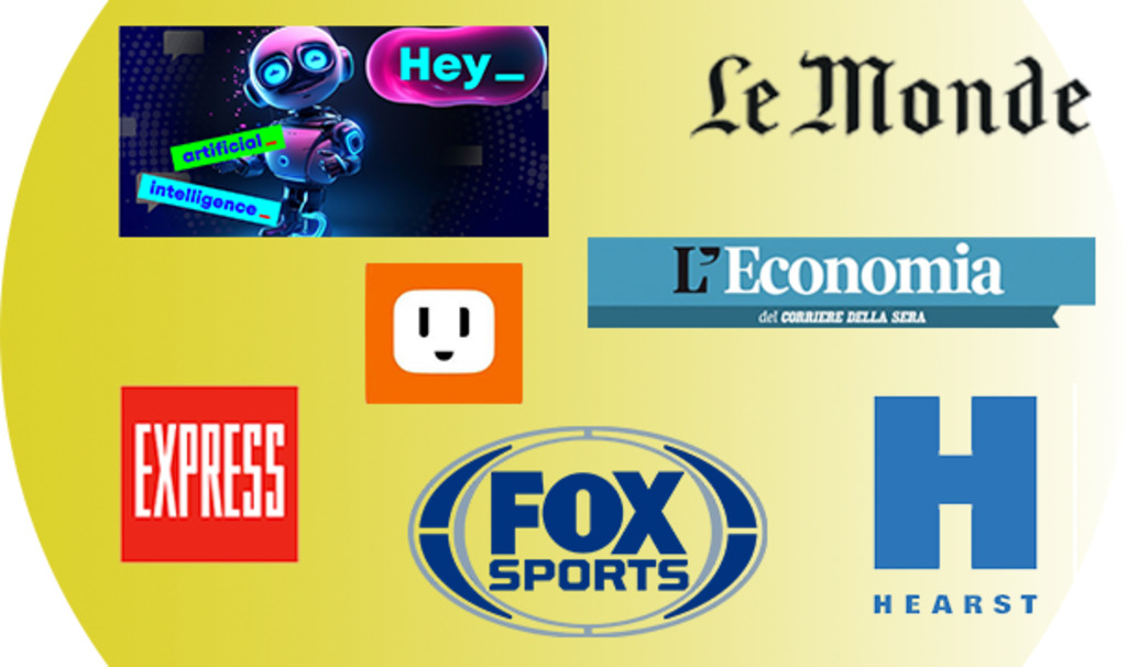 Imagem com fundo amarelo degradê exibindo vários logotipos de veículos de mídia e tecnologia, incluindo Le Monde, L’Economia, Express, Fox Sports e Hearst, além de um ícone de robô representando inteligência artificial com a palavra “Hey” e outro representando a ferramenta de IA do UDN.